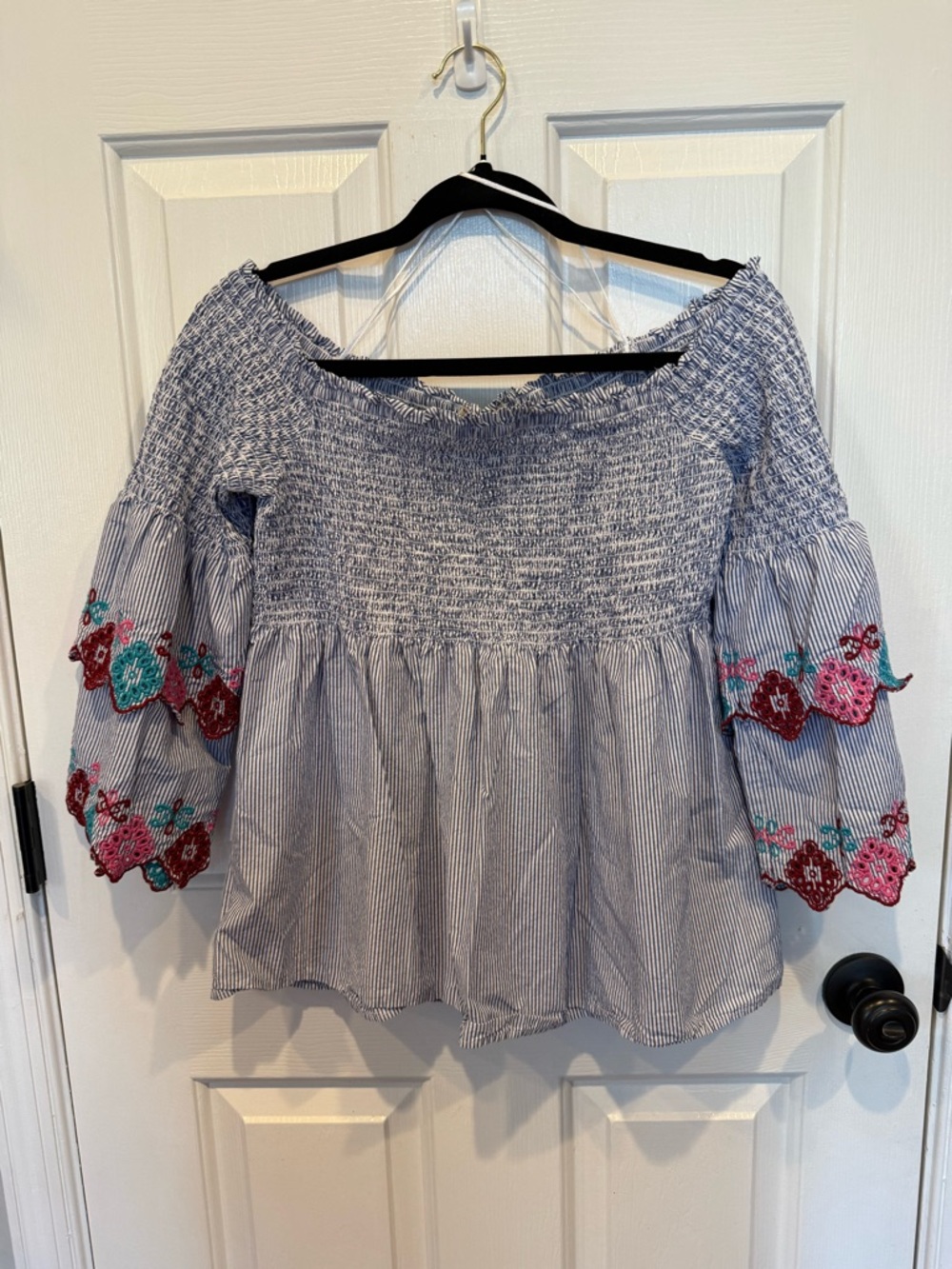 LOFT Blue Striped Off-Shoulder Top with Pink & Teal Floral Embroidery